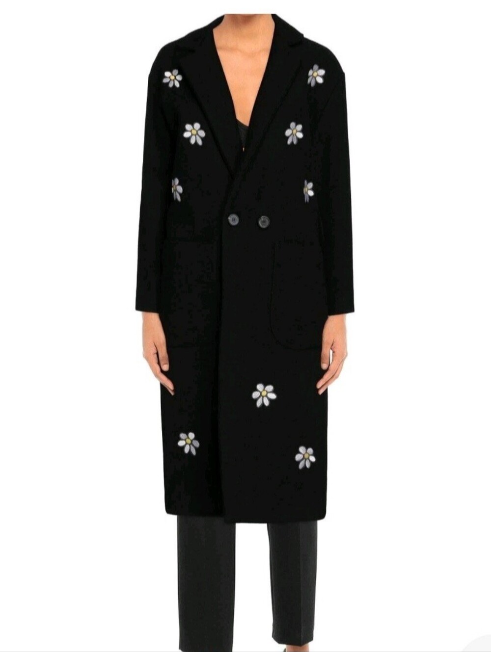 Front Street Black Floral Embroidered Long Coat.Wool. Size 8.